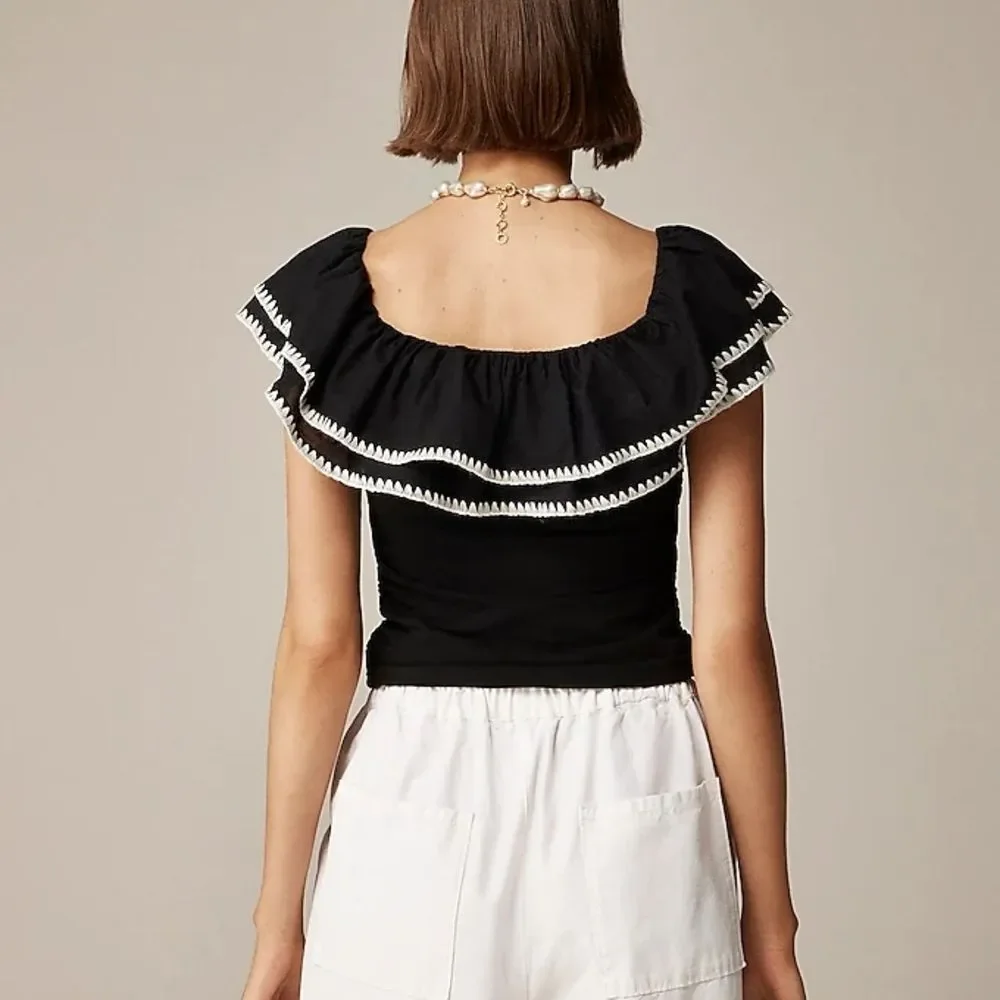 NWT J. Crew Black Off Shoulder Top with White Ruffle Trim